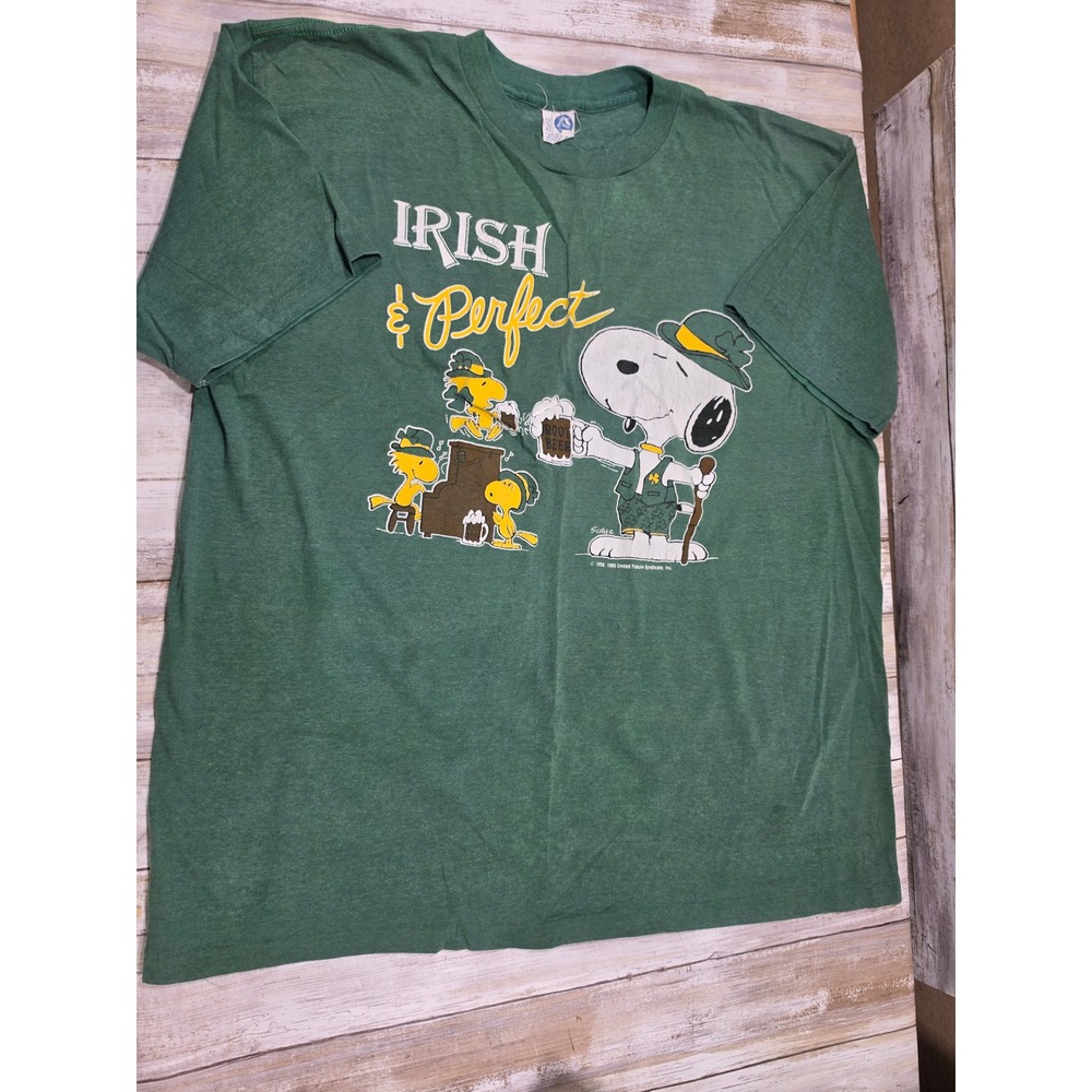 Vintage Artex Peanuts Snoopy Irish & Perfect St Patricks Day T-Shirt Green L